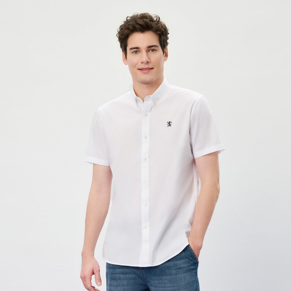 Men's Cotton Oxford Slim Fit Short-Sleeve Shirt with Embroidery