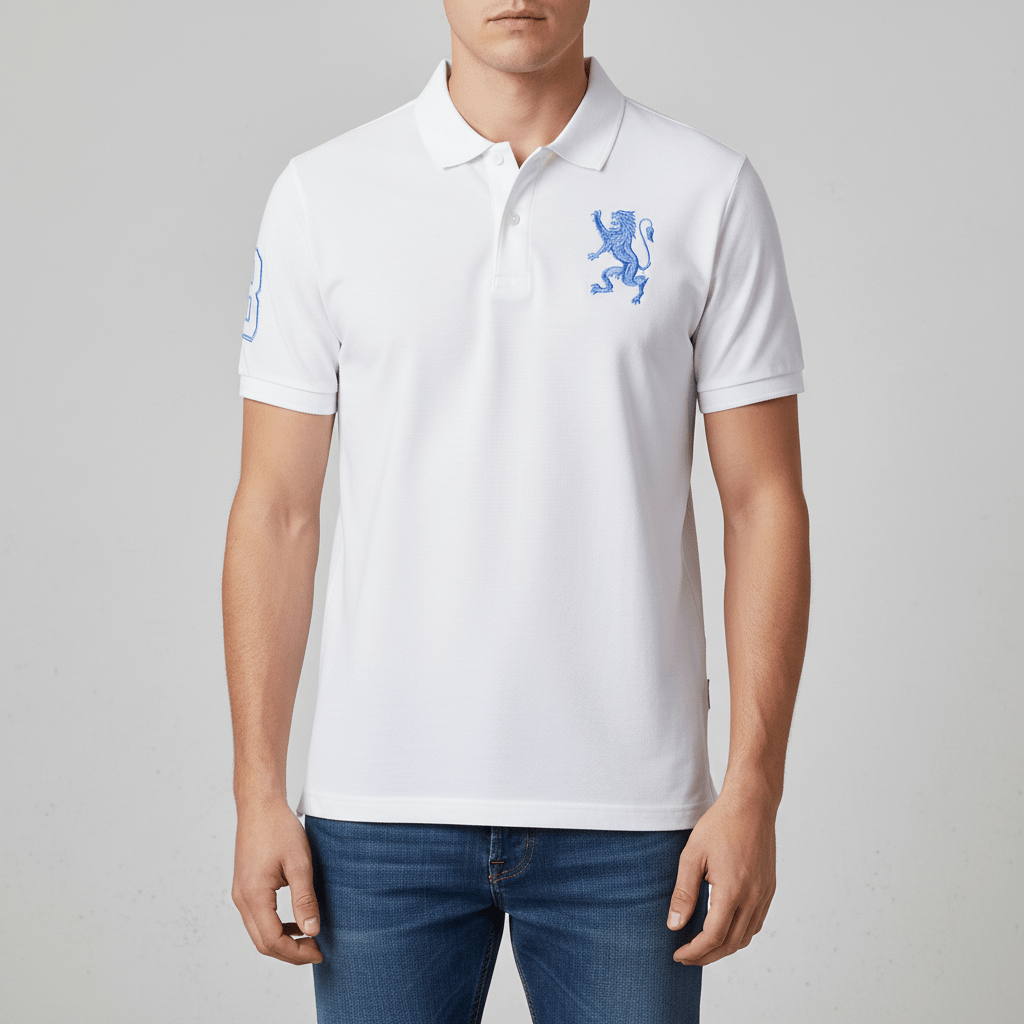 Men's Slim Fit 3D Lion Embroidery Lycra Pique Polo