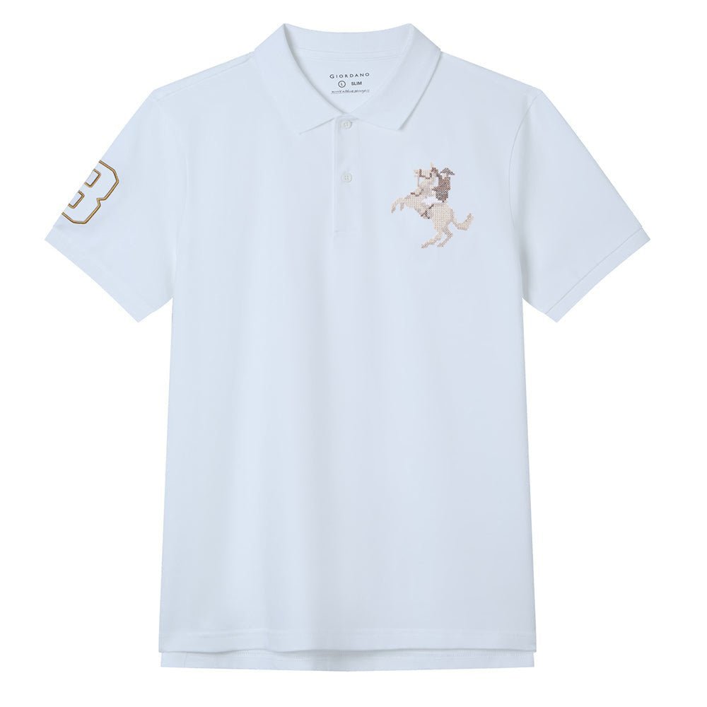 Men's Slim Fit Cotton Lycra Pique Flat Knit Collar SS Embroidery Bold Polo