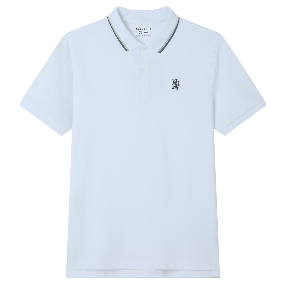 Men Slim Fit Cotton Lycra Pique Flat Knit Collar Embroidered Solid Polo