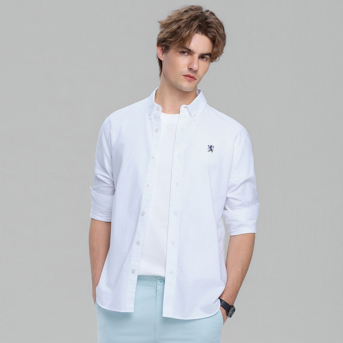 Men's Long Sleeve Slim Fit Cotton Lion Embroidered Oxford Shirt