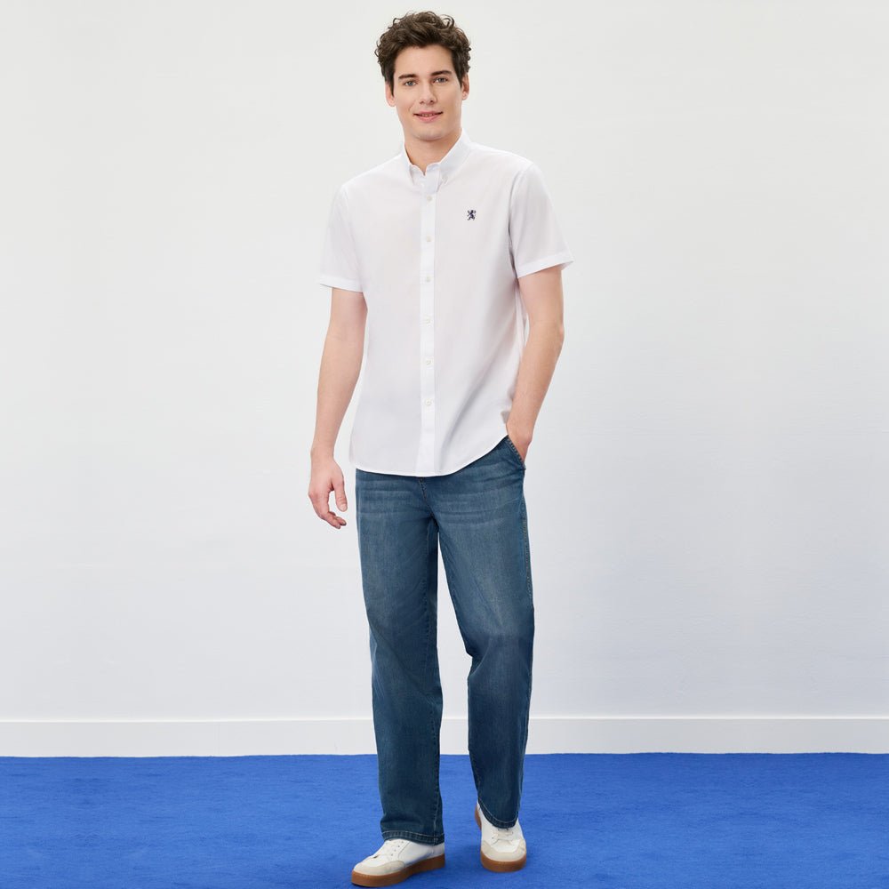 Men's Cotton Oxford Slim Fit Short-Sleeve Shirt with Embroidery