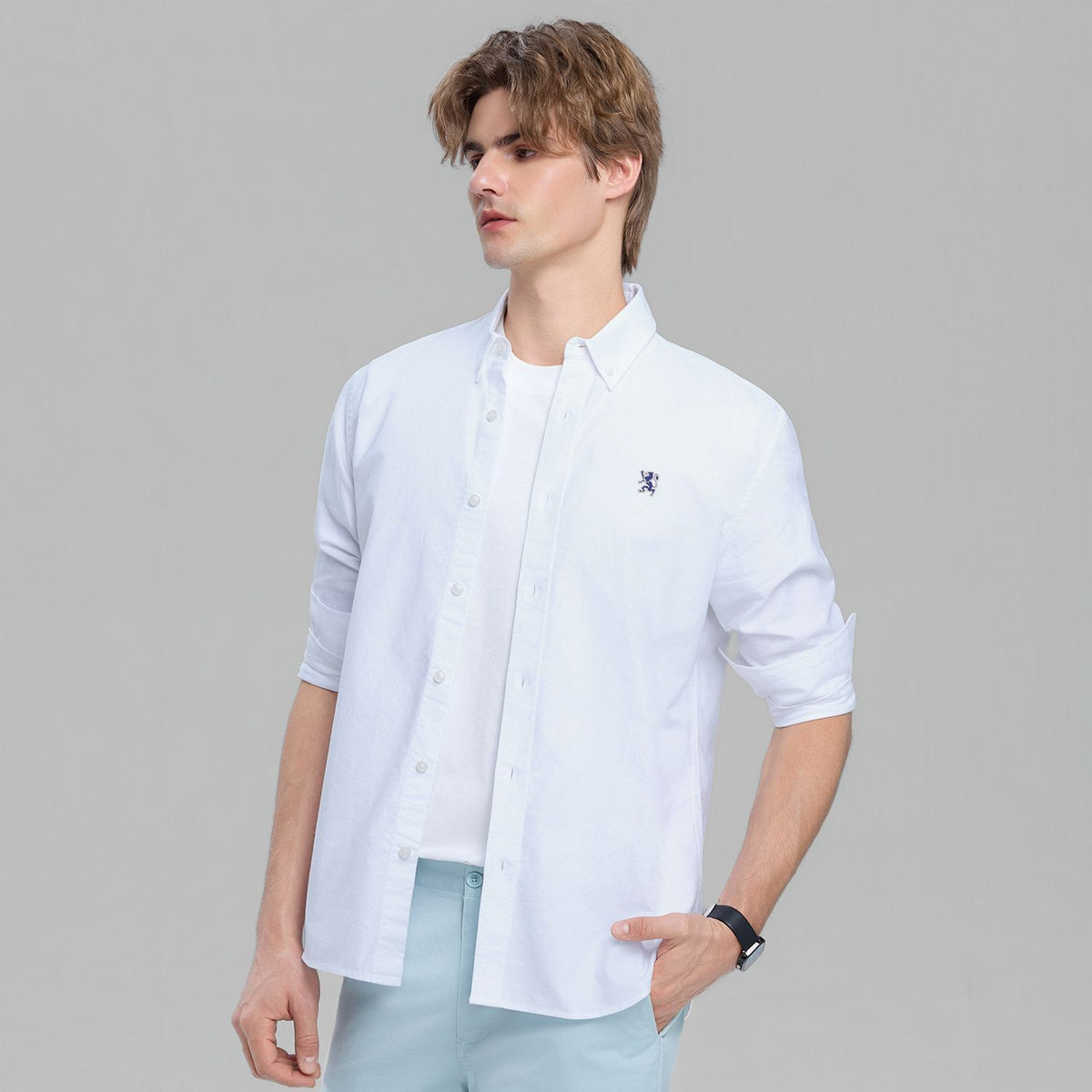 Men's Long Sleeve Slim Fit Cotton Lion Embroidered Oxford Shirt