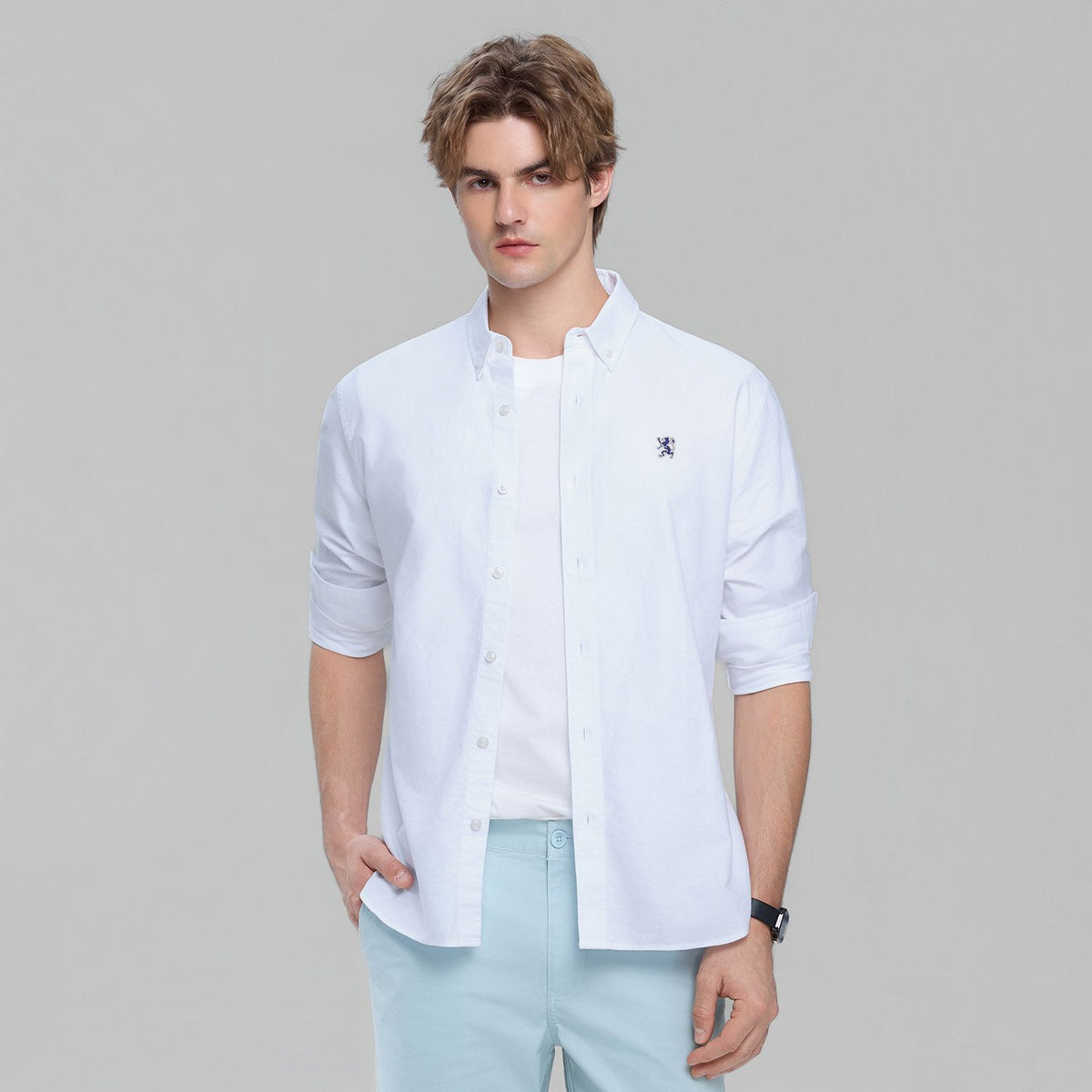 Men's Long Sleeve Slim Fit Cotton Lion Embroidered Oxford Shirt
