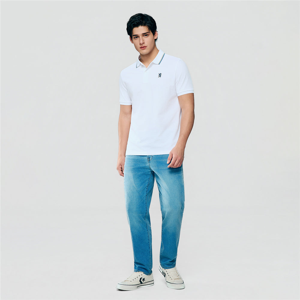 Men Slim Fit Cotton Lycra Pique Flat Knit Collar Embroidered Solid Polo