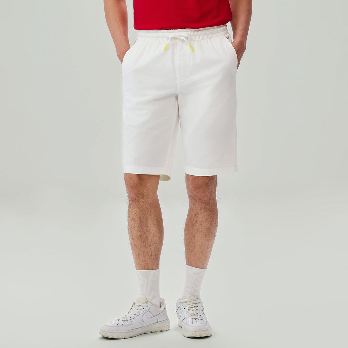 Men's Slim Fit Elastic Waist Bermuda Cotton Twill Mid Rise
