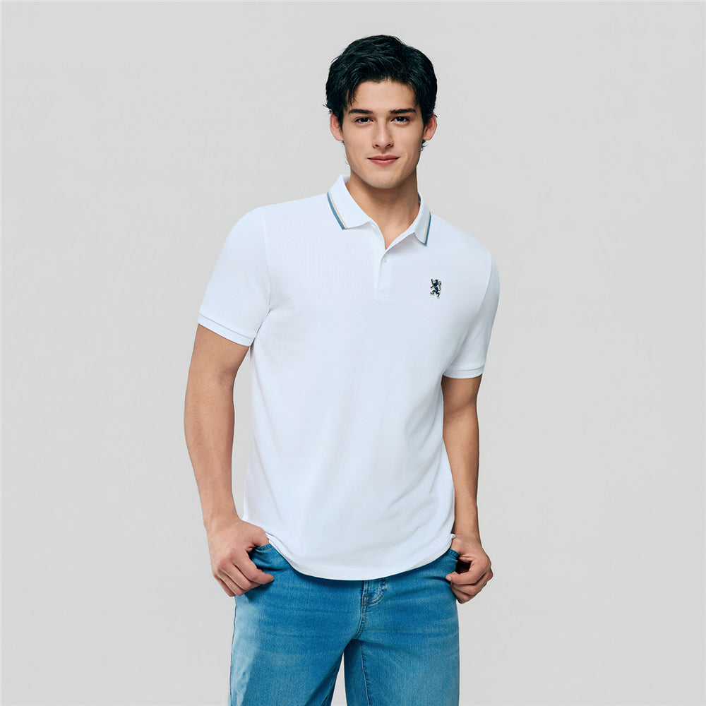 Men Slim Fit Cotton Lycra Pique Flat Knit Collar Embroidered Solid Polo