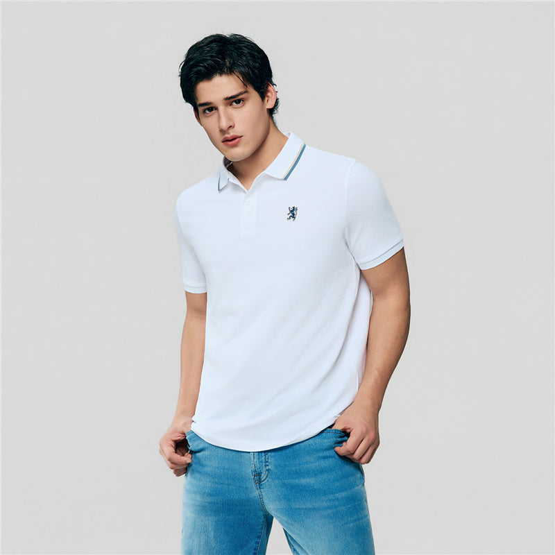 Men Slim Fit Cotton Lycra Pique Flat Knit Collar Embroidered Solid Polo