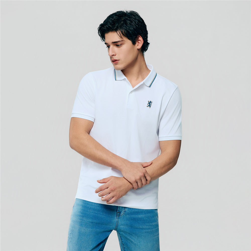 Men Slim Fit Cotton Lycra Pique Flat Knit Collar Embroidered Solid Polo