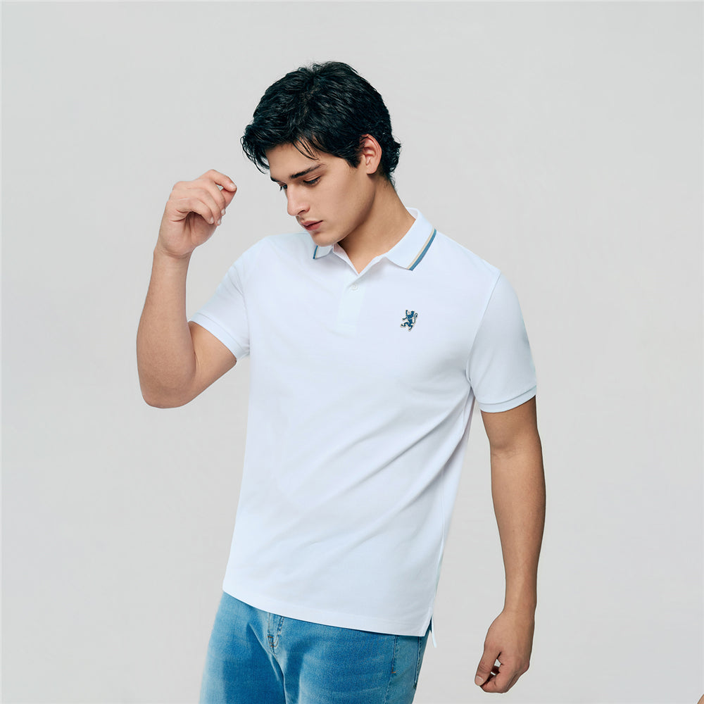 Men Slim Fit Cotton Lycra Pique Flat Knit Collar Embroidered Solid Polo