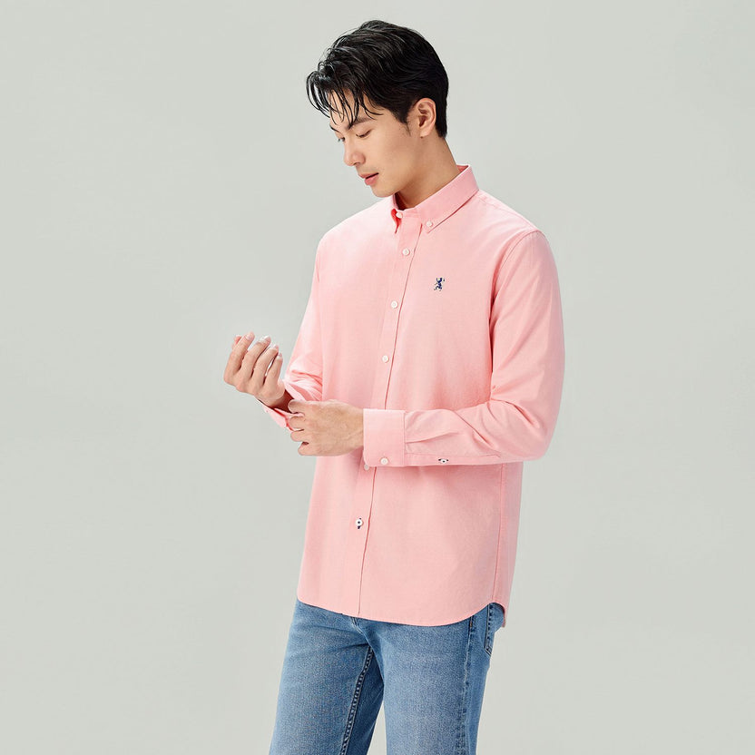 Men's Long Sleeve Slim Fit Cotton Lion Embroidered Oxford Shirt