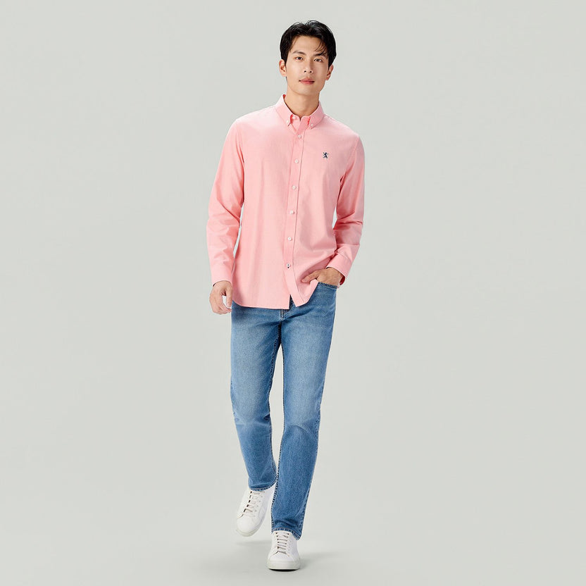 Men's Long Sleeve Slim Fit Cotton Lion Embroidered Oxford Shirt