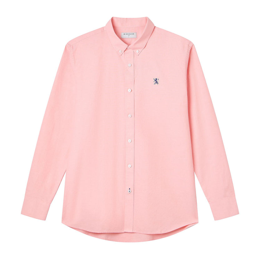 Men's Long Sleeve Slim Fit Cotton Lion Embroidered Oxford Shirt