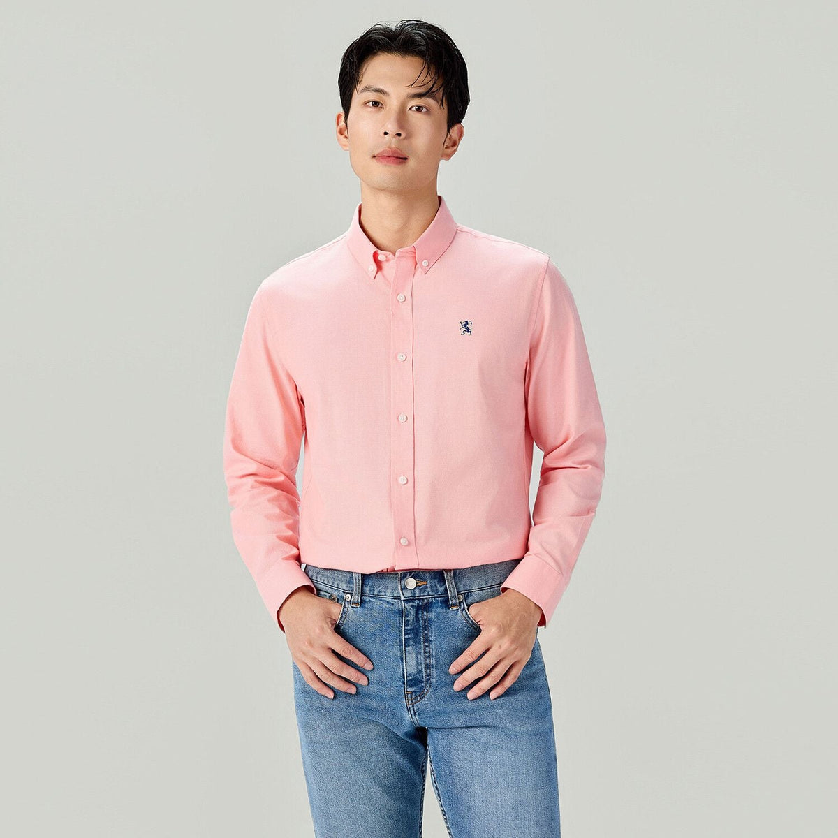 Men's Long Sleeve Slim Fit Cotton Lion Embroidered Oxford Shirt