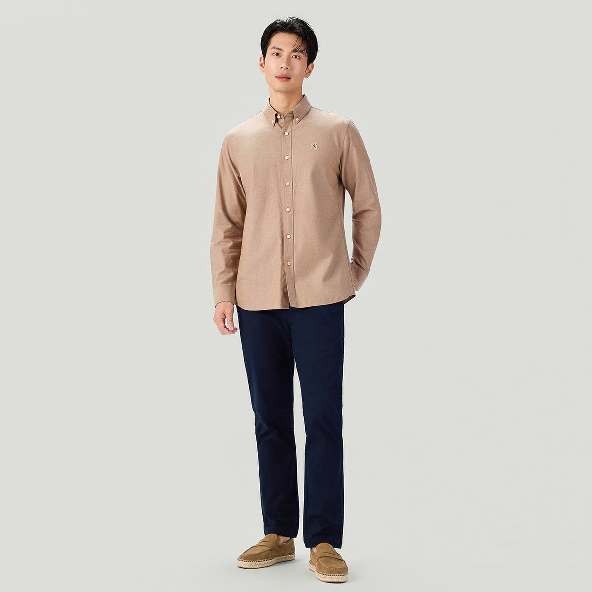 Men's Long Sleeve Slim Fit Cotton Lion Embroidered Oxford Shirt