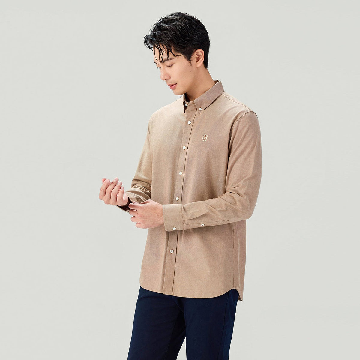 Men's Long Sleeve Slim Fit Cotton Lion Embroidered Oxford Shirt