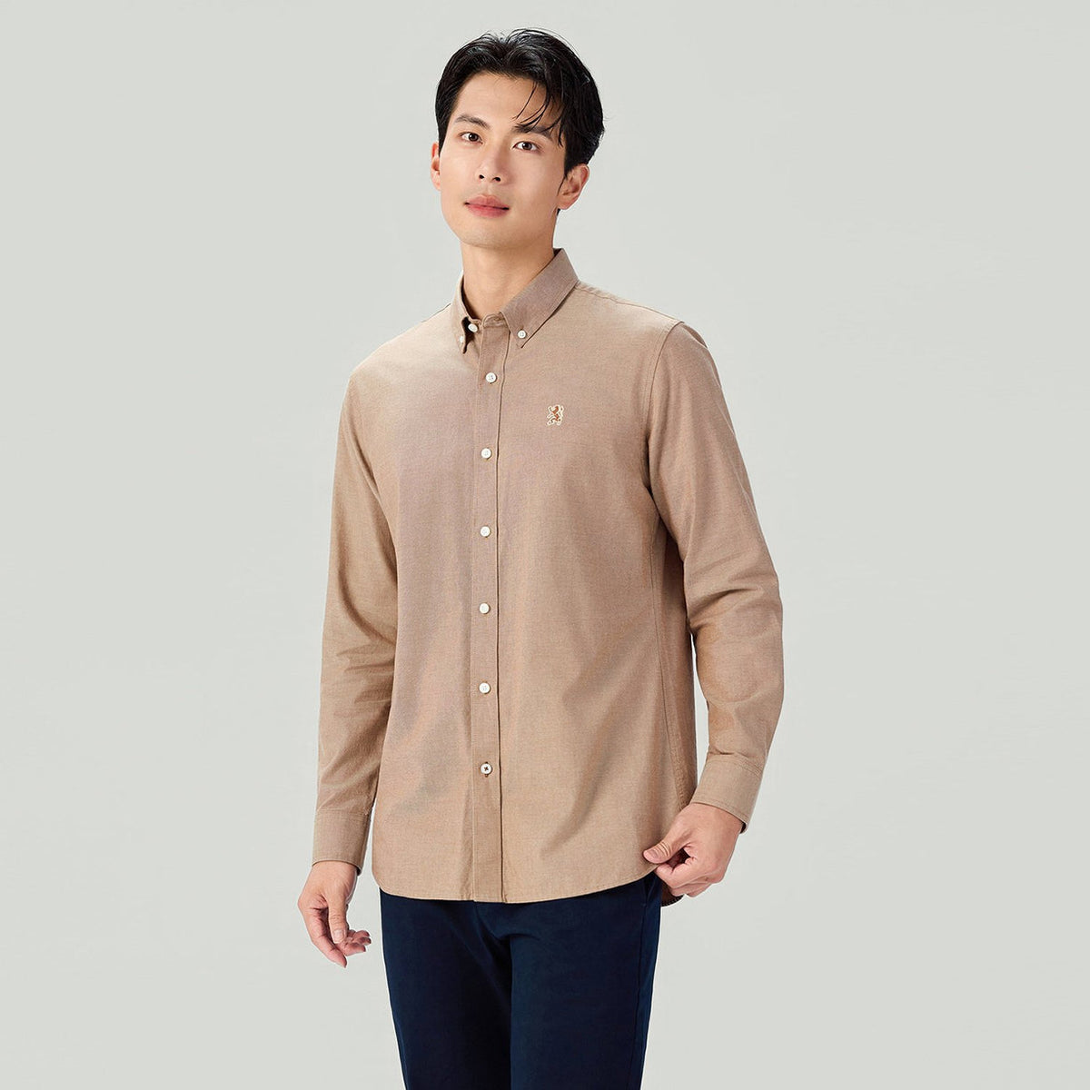 Men's Long Sleeve Slim Fit Cotton Lion Embroidered Oxford Shirt