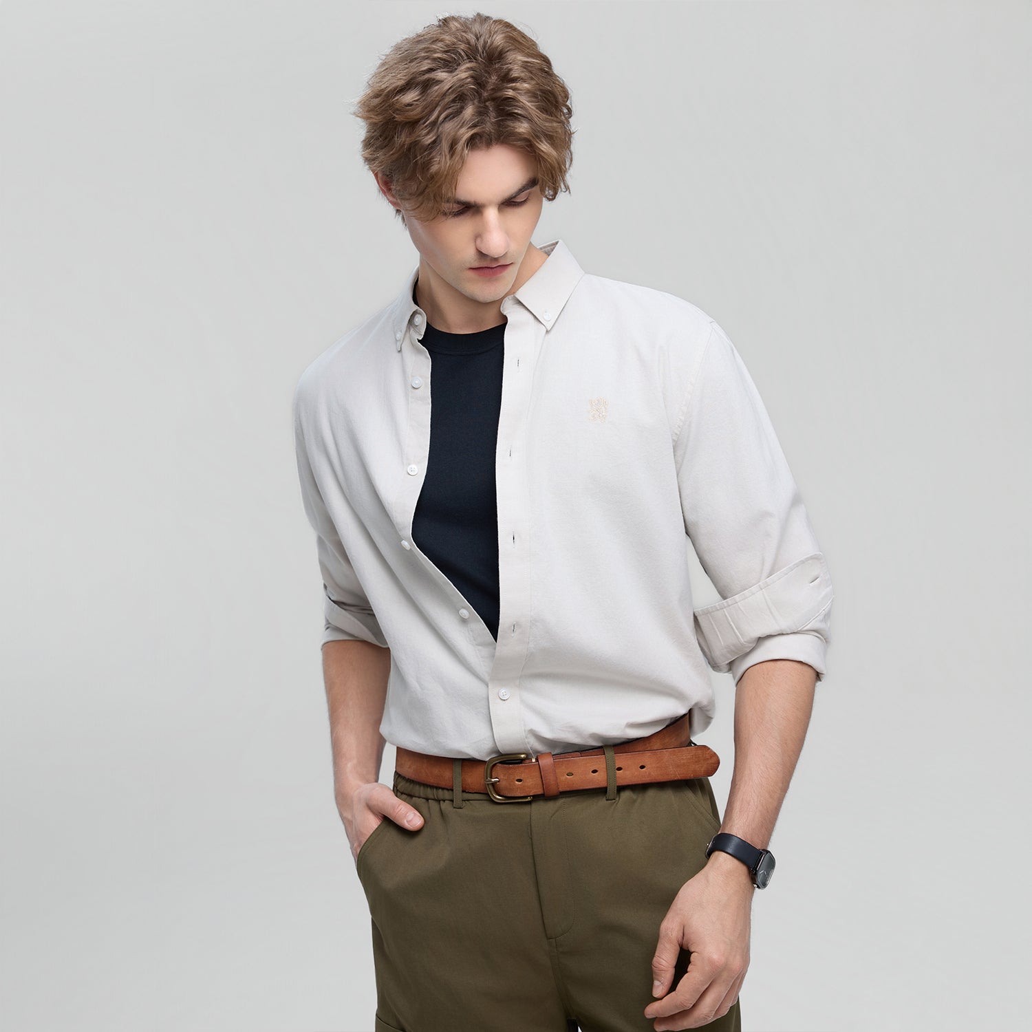 Men's Cotton Slim Oxford Shirt With Embroidery