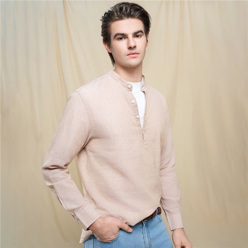 Men's Slim Linen Cotton Band Collar Shirt