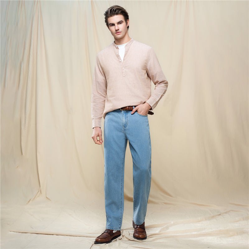 Men's Slim Linen Cotton Band Collar Shirt