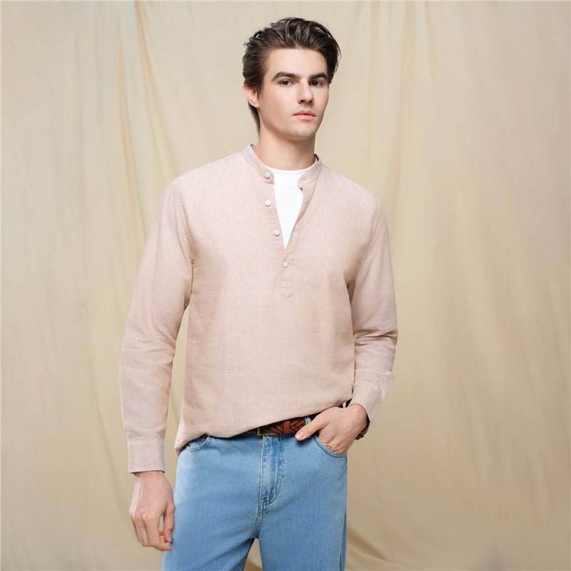Men's Slim Linen Cotton Band Collar Shirt