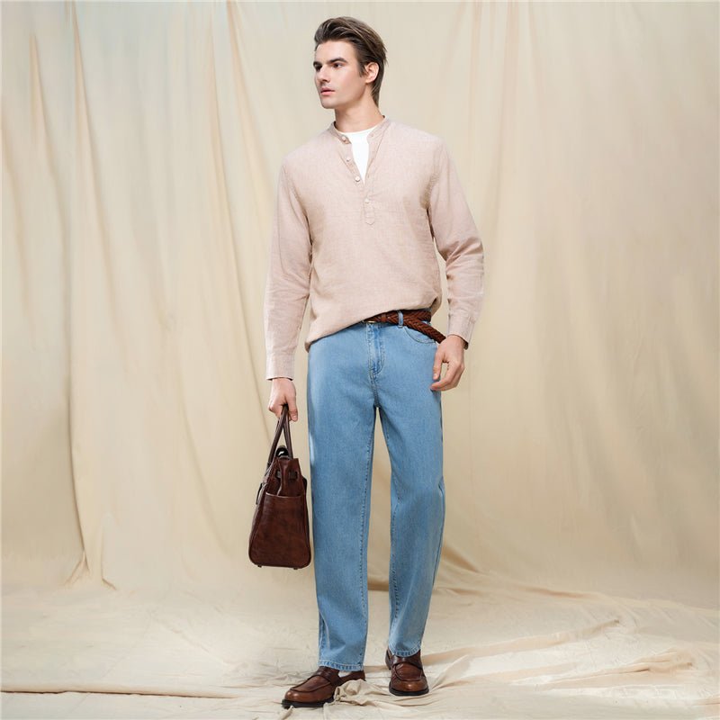 Men's Slim Linen Cotton Band Collar Shirt