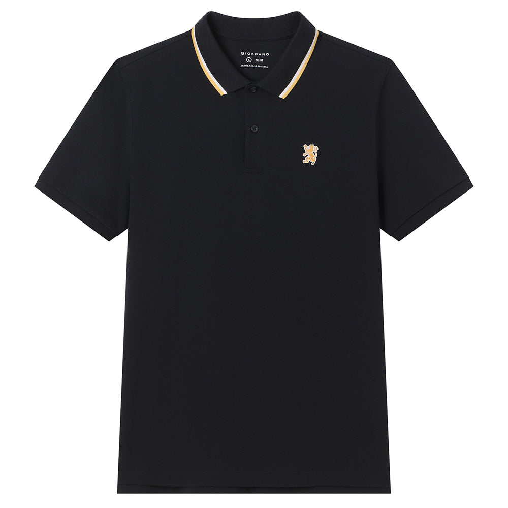 Men Slim Fit Cotton Lycra Pique Flat Knit Collar Embroidered Solid Polo
