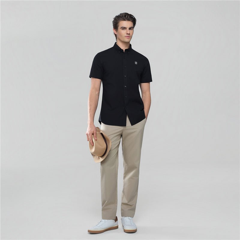 Men's Cotton Oxford Slim Fit Short-Sleeve Shirt with Embroidery