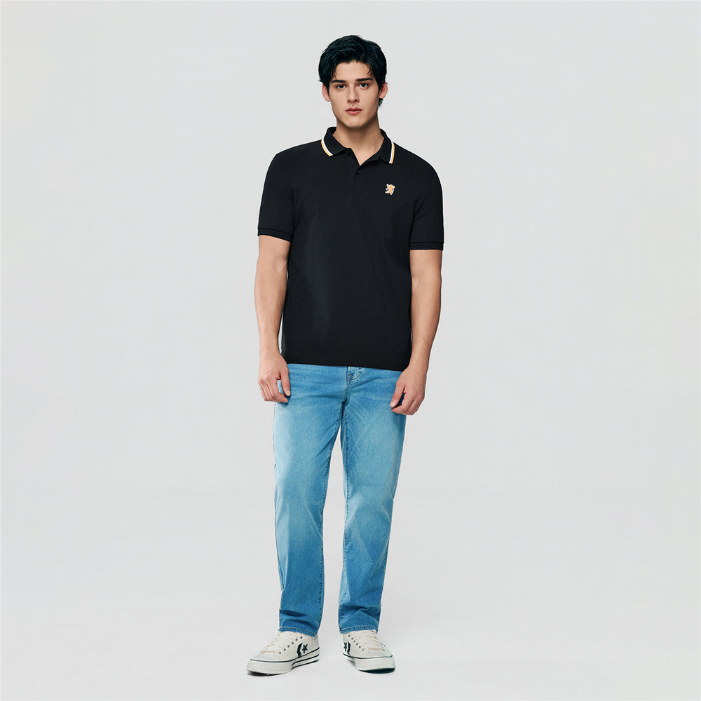 Men Slim Fit Cotton Lycra Pique Flat Knit Collar Embroidered Solid Polo