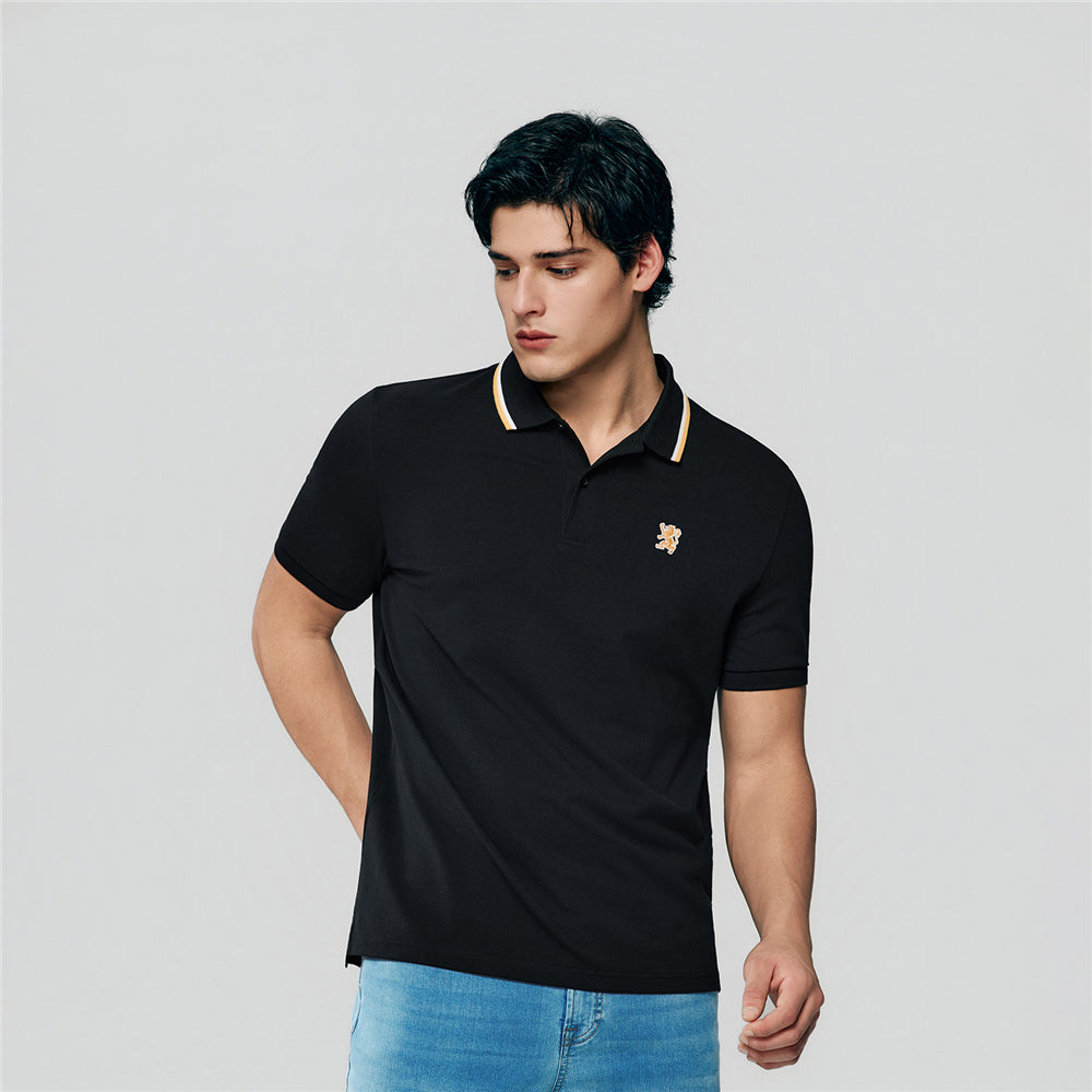Men Slim Fit Cotton Lycra Pique Flat Knit Collar Embroidered Solid Polo