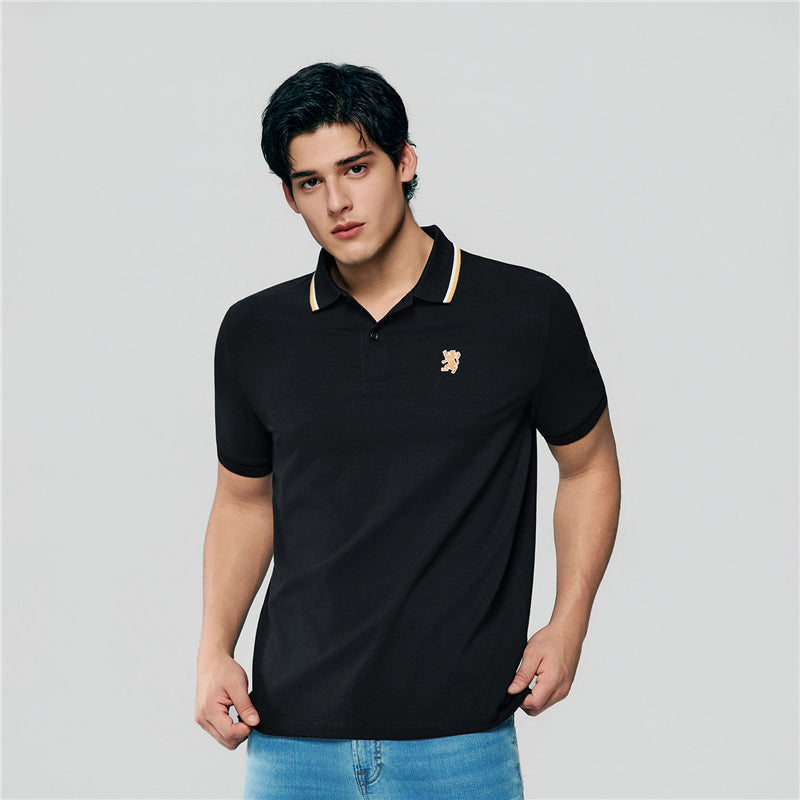 Men Slim Fit Cotton Lycra Pique Flat Knit Collar Embroidered Solid Polo