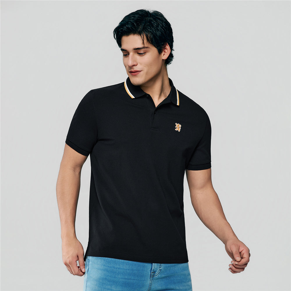 Men Slim Fit Cotton Lycra Pique Flat Knit Collar Embroidered Solid Polo