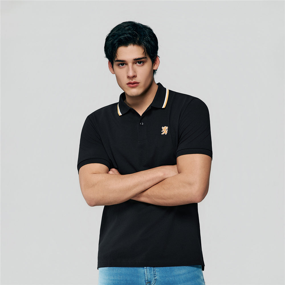 Men Slim Fit Cotton Lycra Pique Flat Knit Collar Embroidered Solid Polo