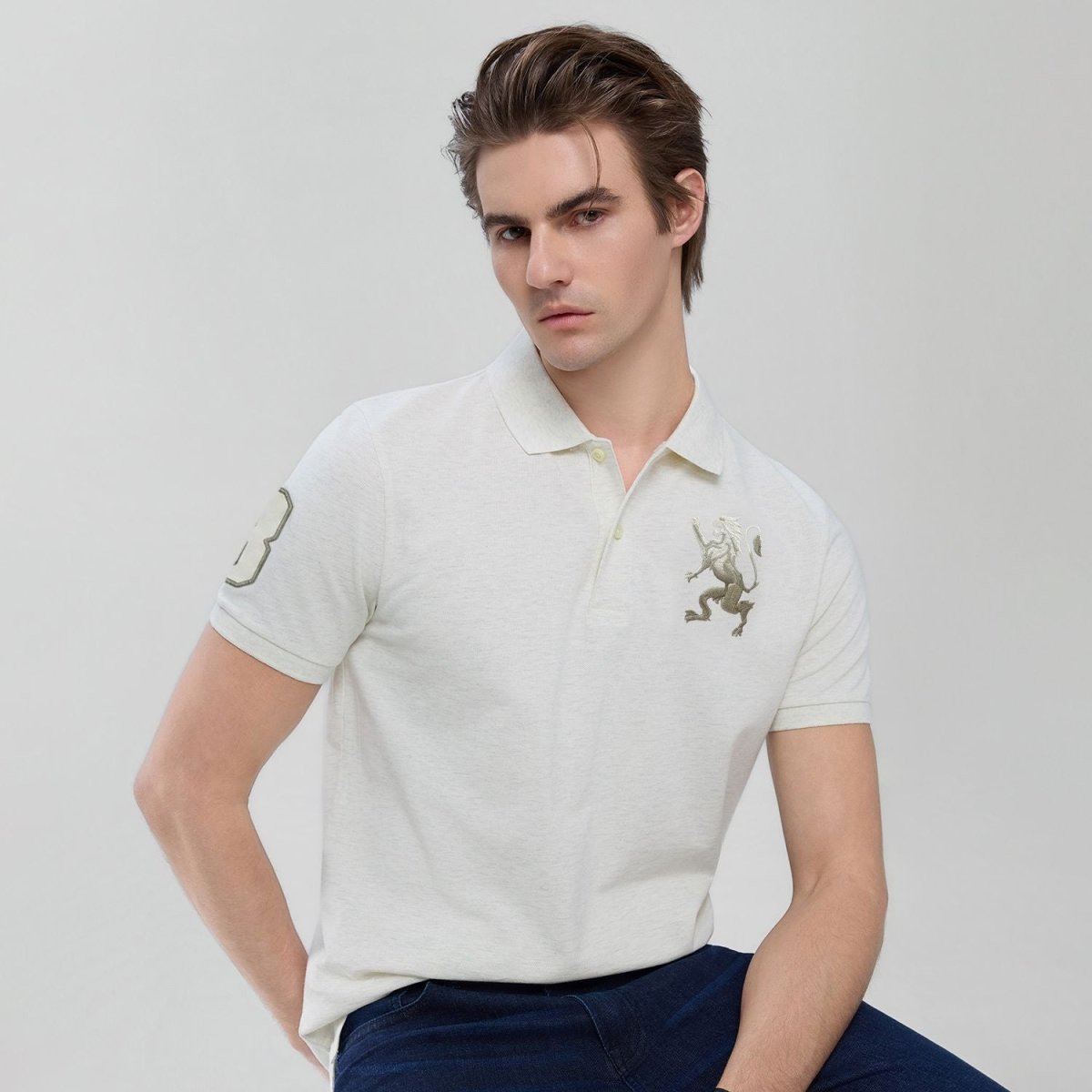 Men's Slim Pique Polo With Flat With 3D Lion Embroidery