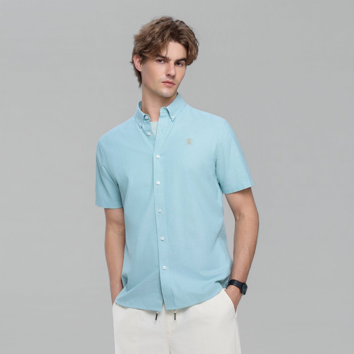 Men's Cotton Oxford Slim Fit Short-Sleeve Shirt with Embroidery