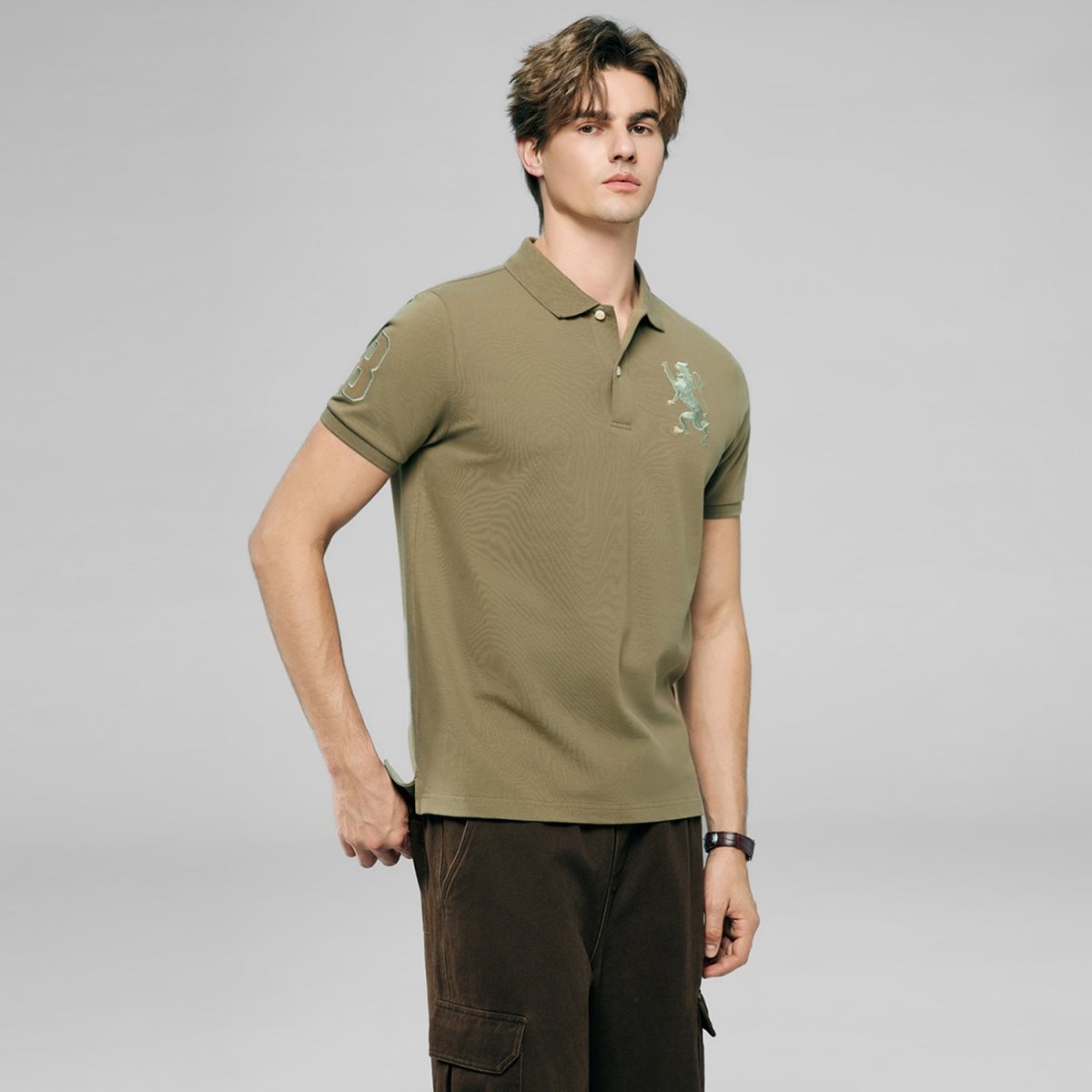 Men’s Slim Fit 3D Lion Embroidery Lycra Pique Polo