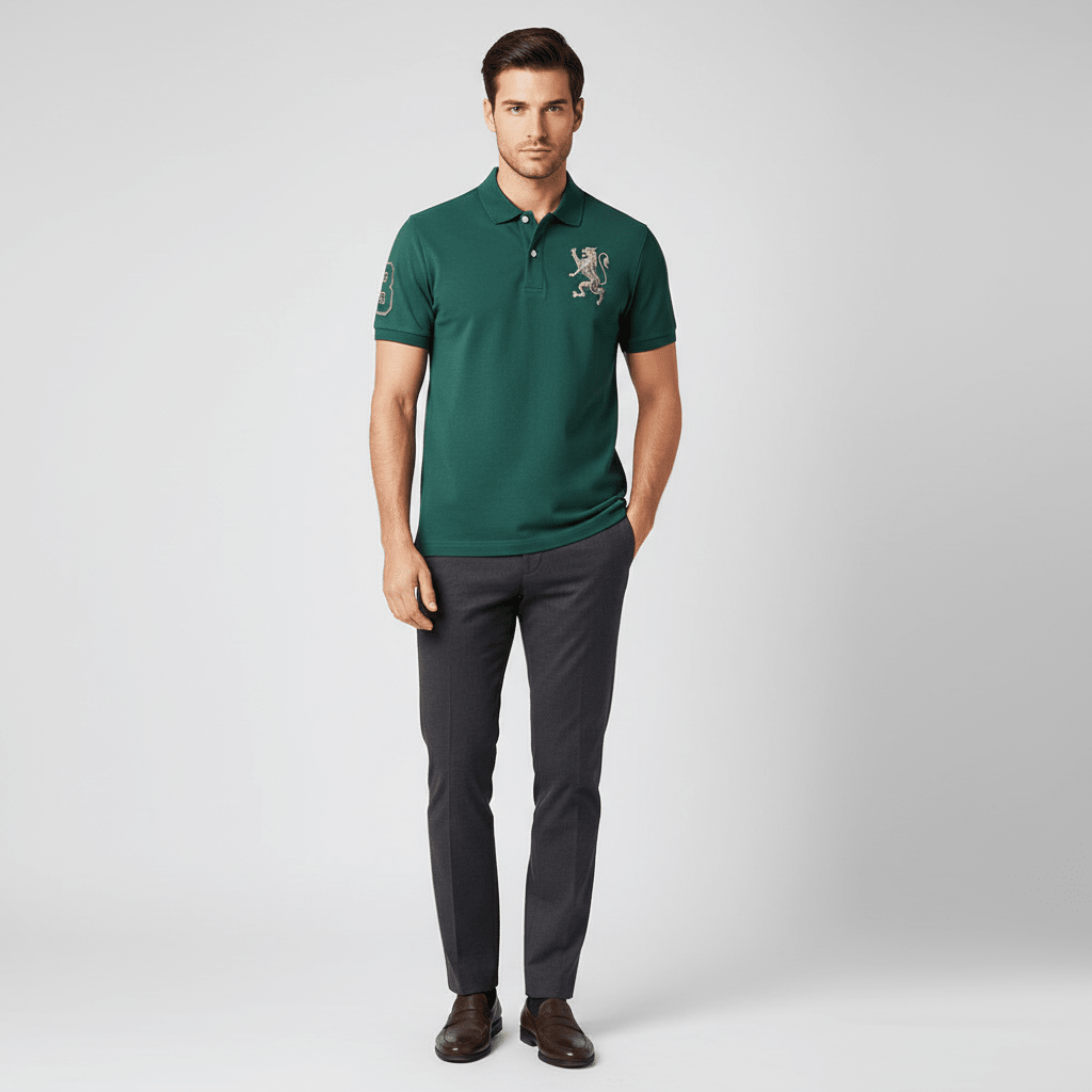 Men’s Slim Fit 3D Lion Embroidery Lycra Pique Polo