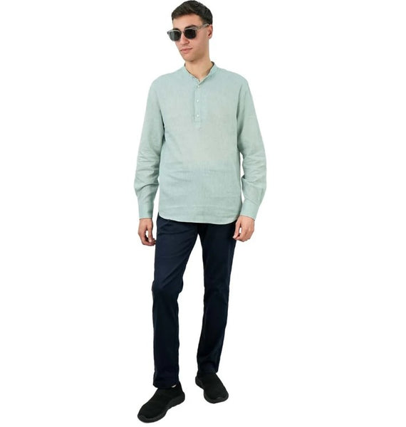 قميص رجالي من قماش البوبلين الكتاني/القطني بأكمام طويلة وجيب نصف رفيع