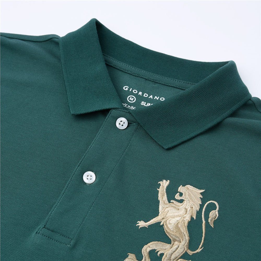 Men’s Slim Fit 3D Lion Embroidery Lycra Pique Polo