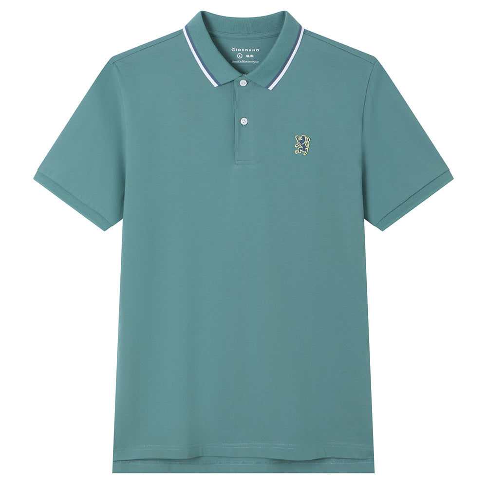 Men Slim Fit Cotton Lycra Pique Flat Knit Collar Embroidered Solid Polo