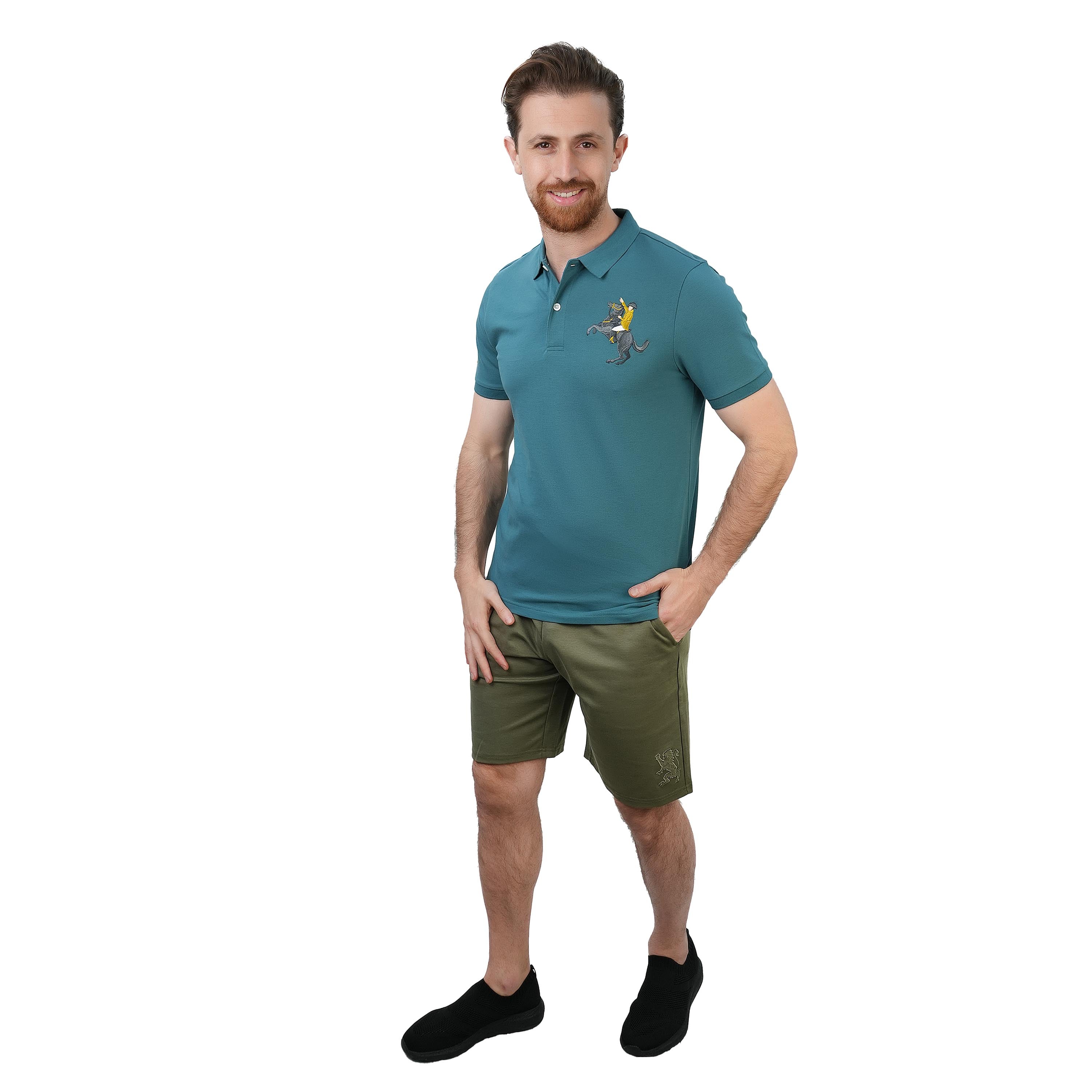 قميص بولو نابليون رجالي من القطن بأكمام قصيرة وقصة ضيقة