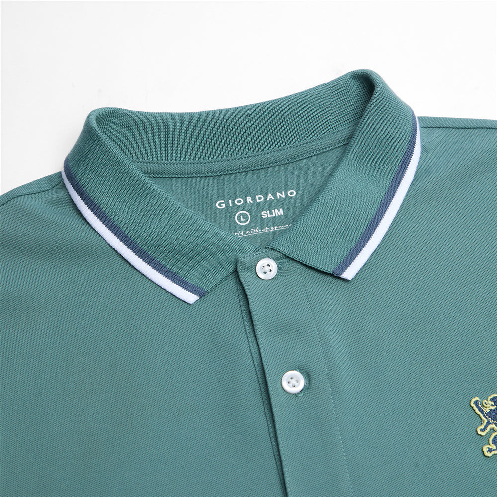 Men Slim Fit Cotton Lycra Pique Flat Knit Collar Embroidered Solid Polo