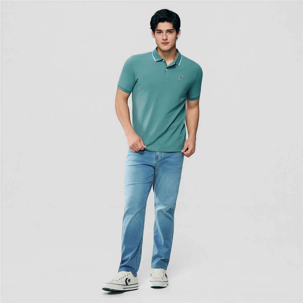 Men Slim Fit Cotton Lycra Pique Flat Knit Collar Embroidered Solid Polo