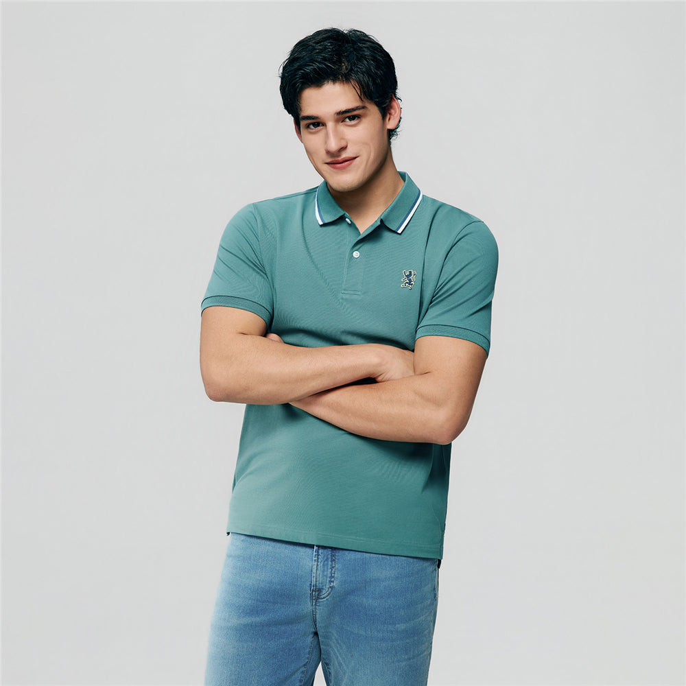 Men Slim Fit Cotton Lycra Pique Flat Knit Collar Embroidered Solid Polo