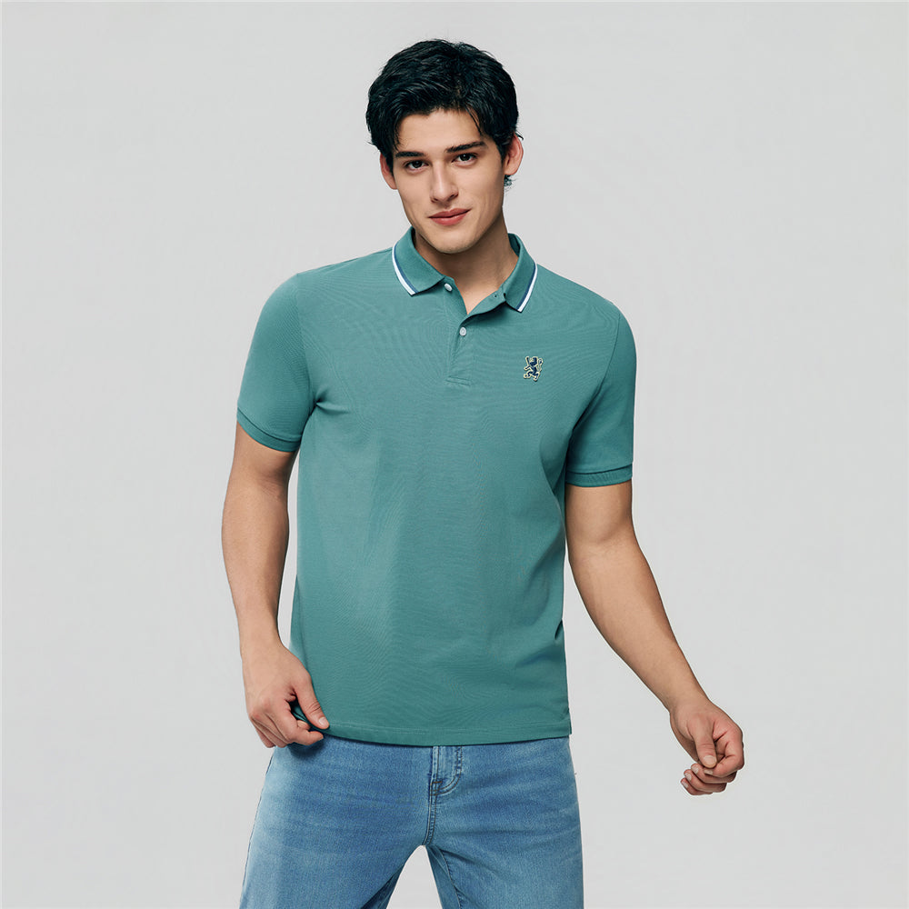 Men Slim Fit Cotton Lycra Pique Flat Knit Collar Embroidered Solid Polo