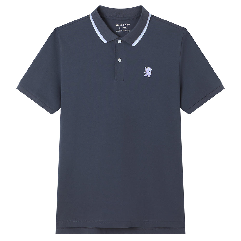 Men Slim Fit Cotton Lycra Pique Flat Knit Collar Embroidered Solid Polo