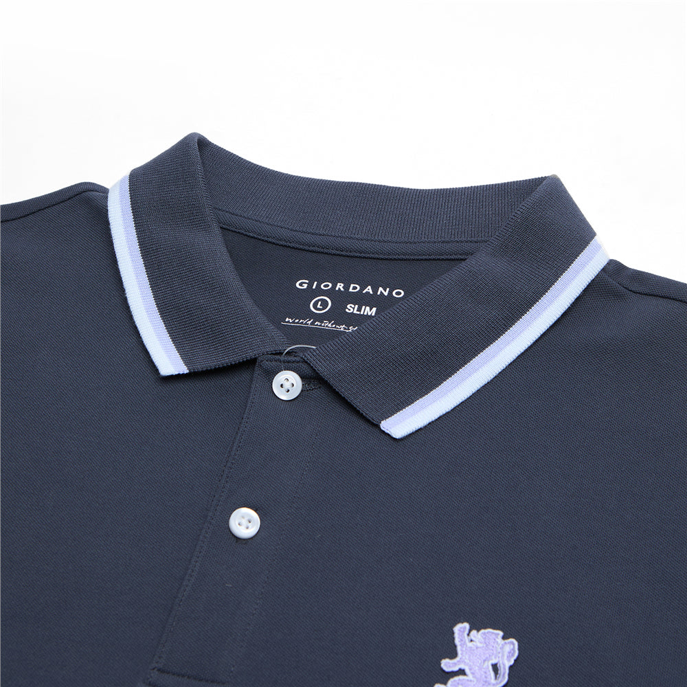 Men Slim Fit Cotton Lycra Pique Flat Knit Collar Embroidered Solid Polo