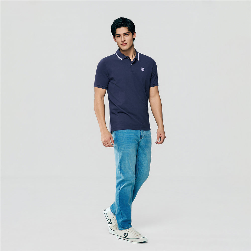Men Slim Fit Cotton Lycra Pique Flat Knit Collar Embroidered Solid Polo