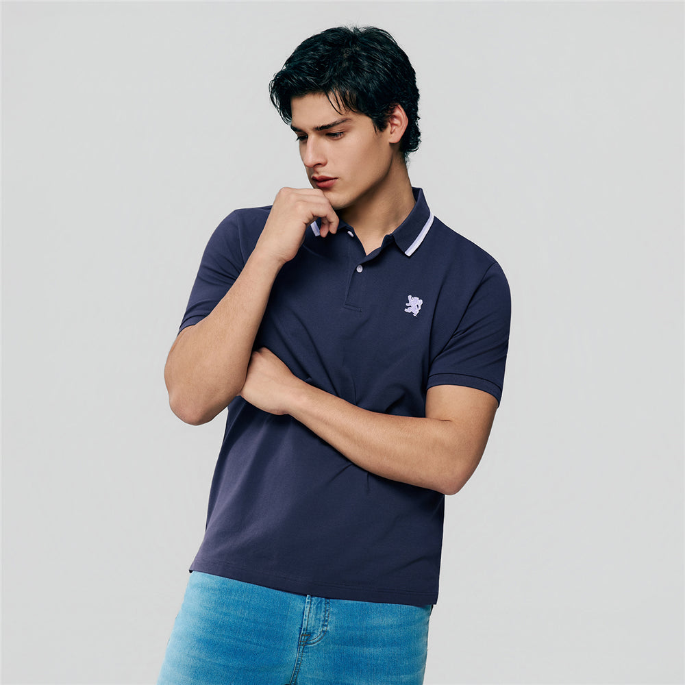 Men Slim Fit Cotton Lycra Pique Flat Knit Collar Embroidered Solid Polo