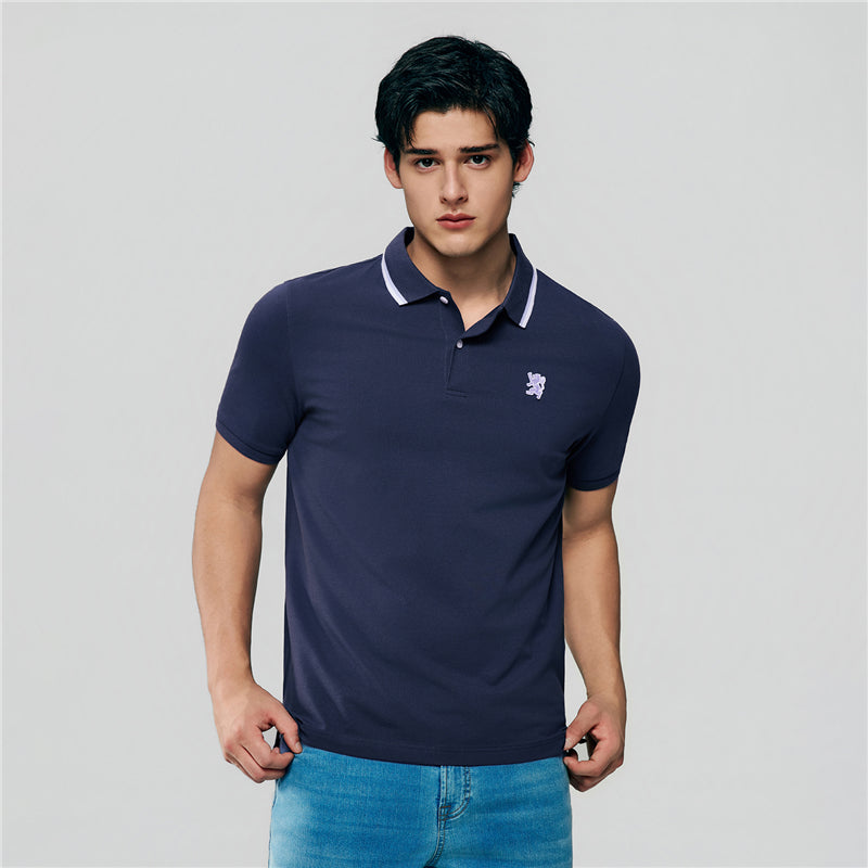 Men Slim Fit Cotton Lycra Pique Flat Knit Collar Embroidered Solid Polo